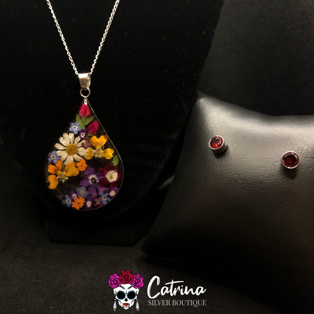 925 S Silver Pressed Flower Necklace & Earrings